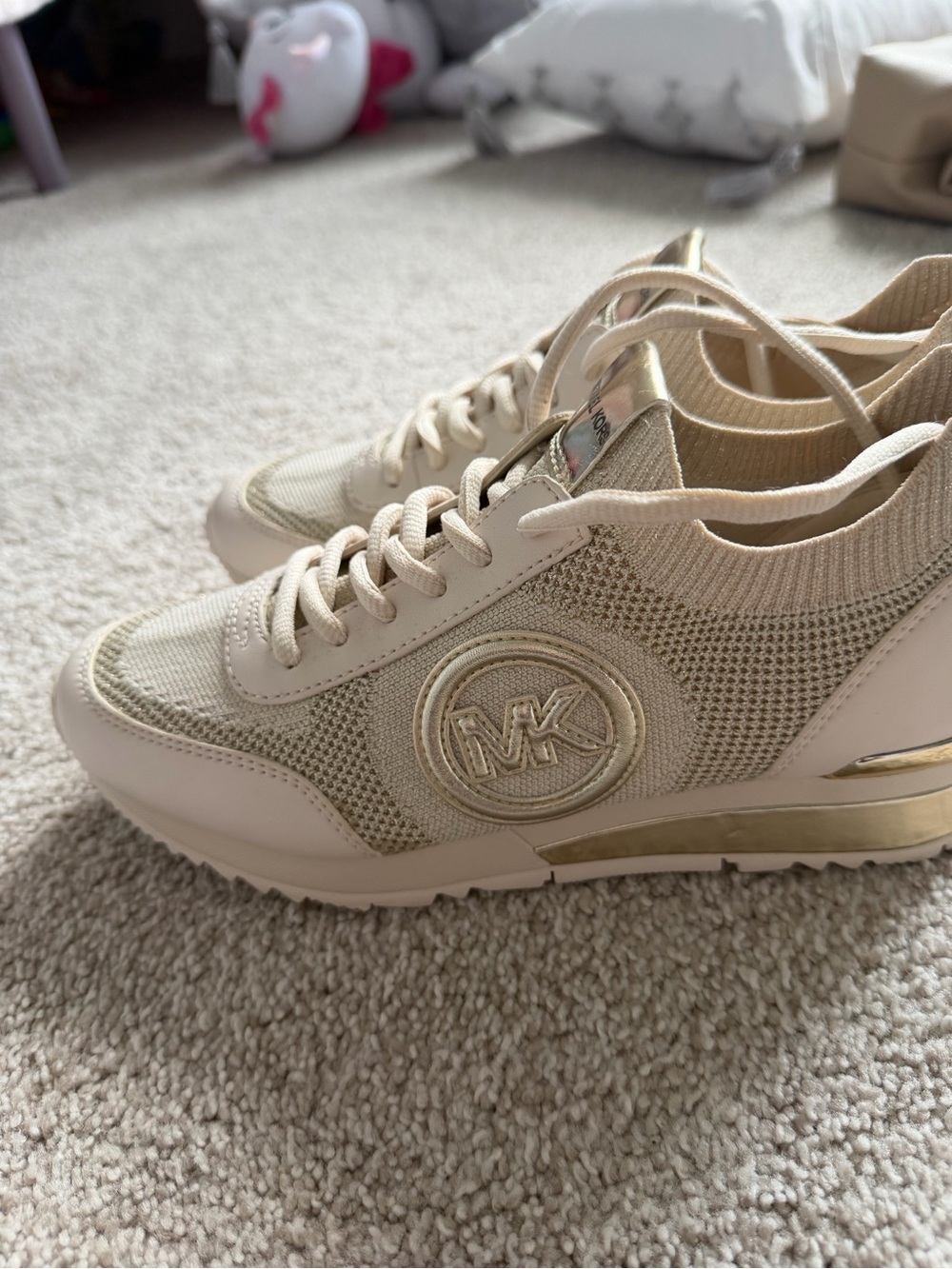 Michael Kors Cream Knit Sneakers with Gold Accents